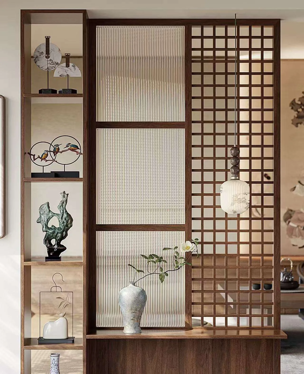 Decorative wood partition with display shelves and lattice details
