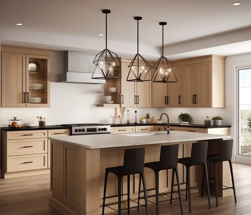 Custom wood kitchen cabinets with an island and pendant lighting