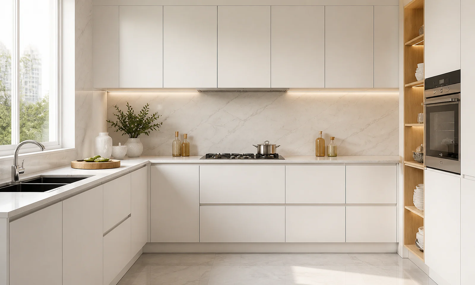Concept visualization of a bright minimal kitchen with warm white cabinetry and pale stone surfaces