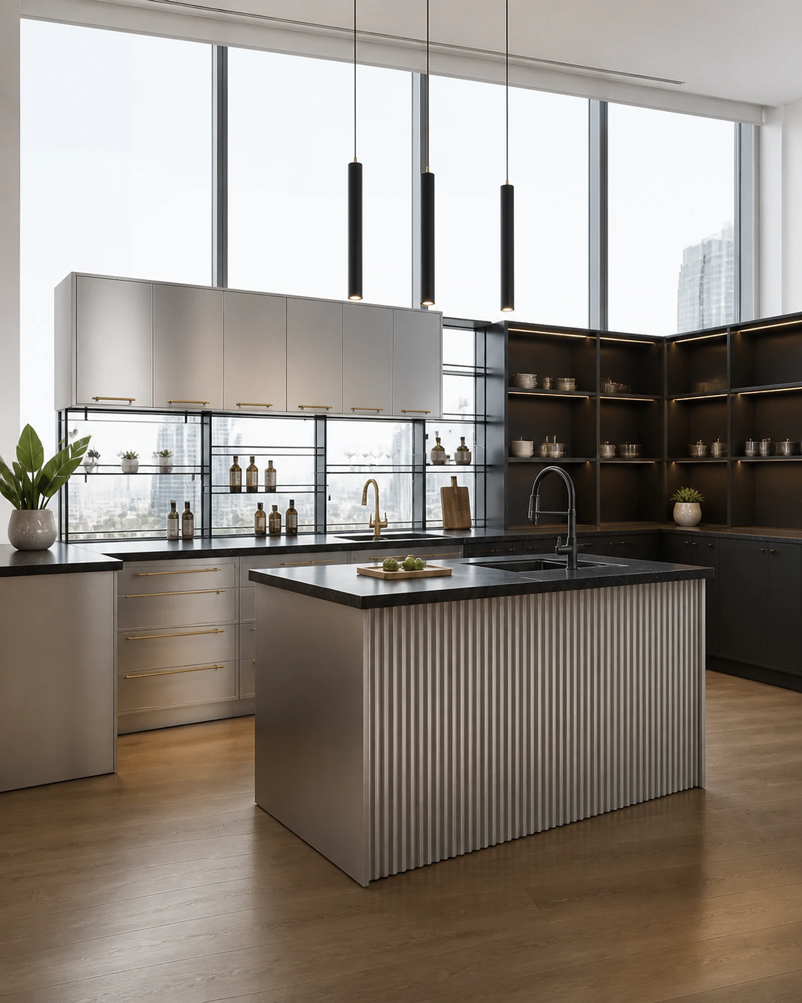 Concept visualization of a contemporary kitchen with stainless steel cabinetry and a fluted island