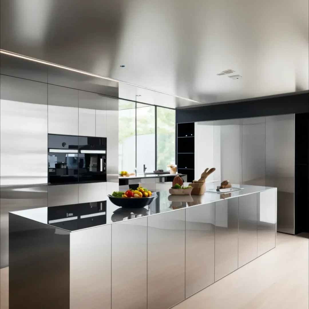 Reflective stainless steel island cabinets with black and white tall units, model SSC-07