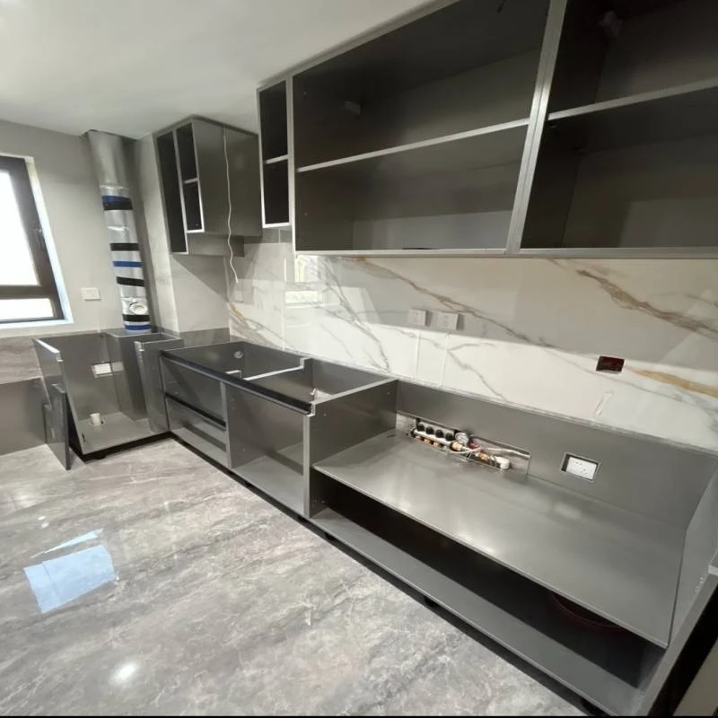 Dark grey stainless steel L-shaped cabinets with open upper shelving, model SSC-10
