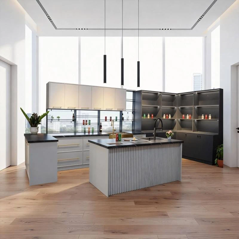 Dark grey stainless steel kitchen with a fluted island and tall display storage, model SSC-23
