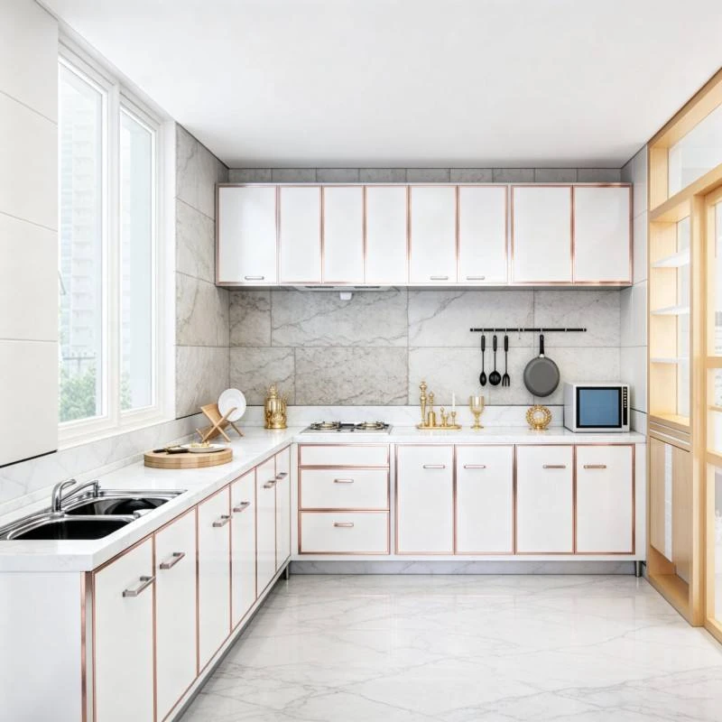 White stainless steel L-shaped kitchen cabinets with copper-coloured trim, model SSC-26