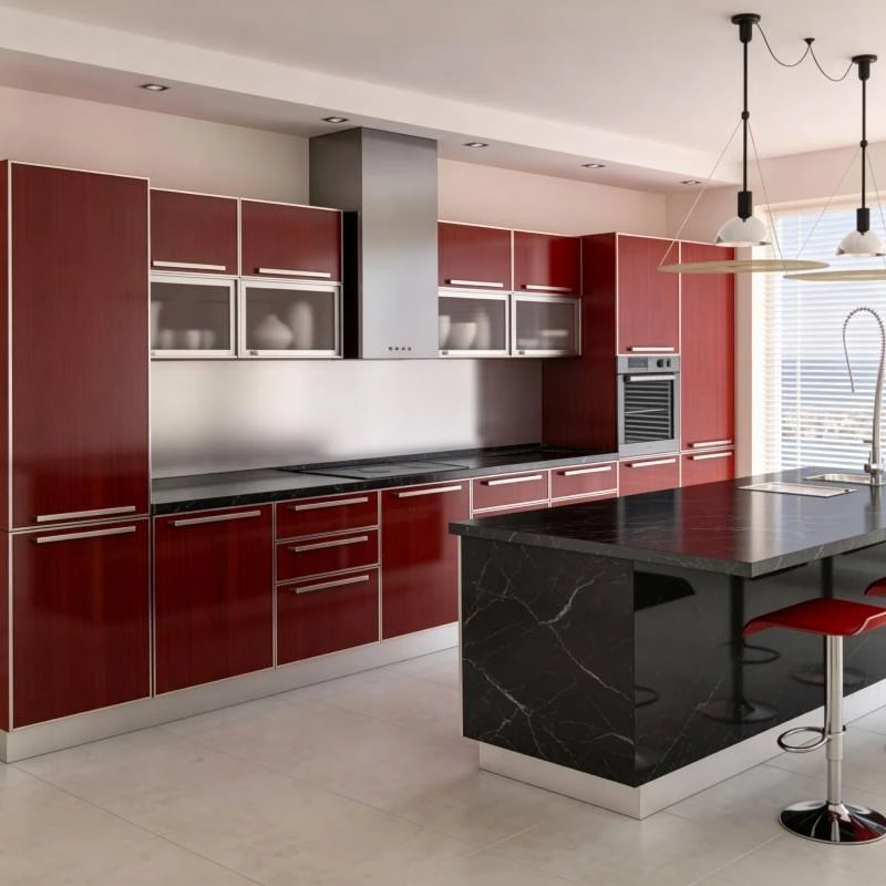 Red stainless steel kitchen cabinets with tall appliance units and an island, model SSC-27