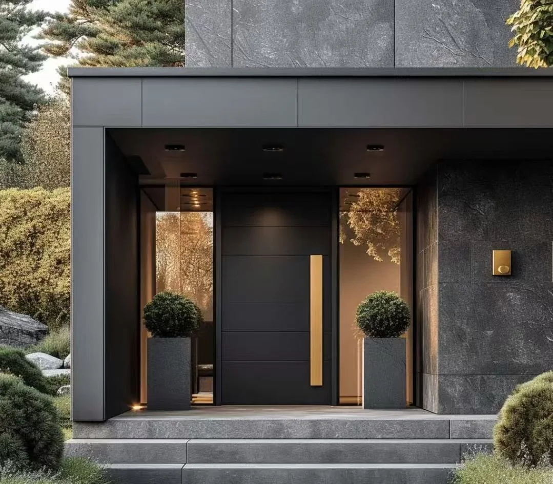 Dark custom entry door with vertical glazing in a residential facade