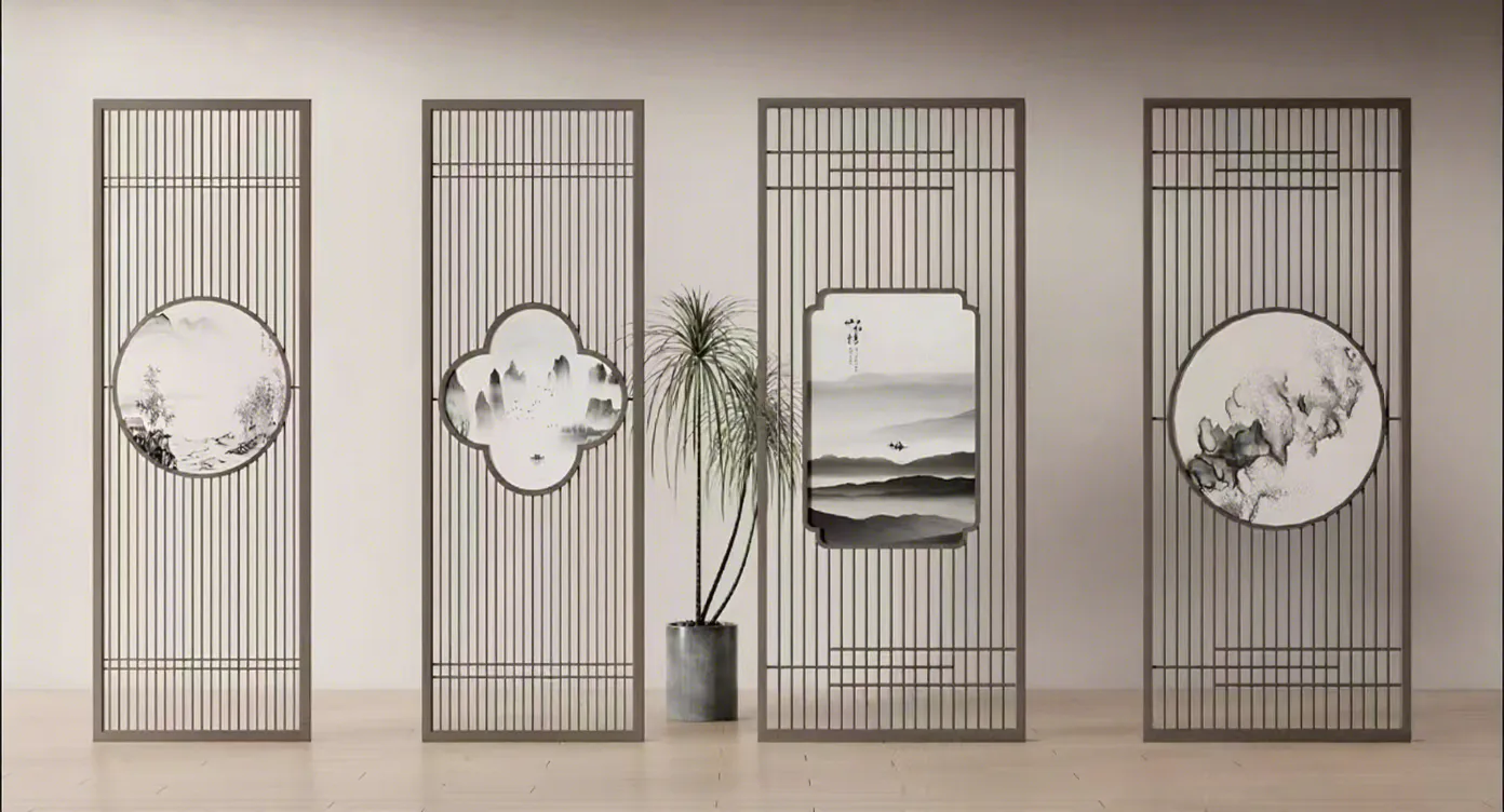 Decorative metal screen system in a furnished interior