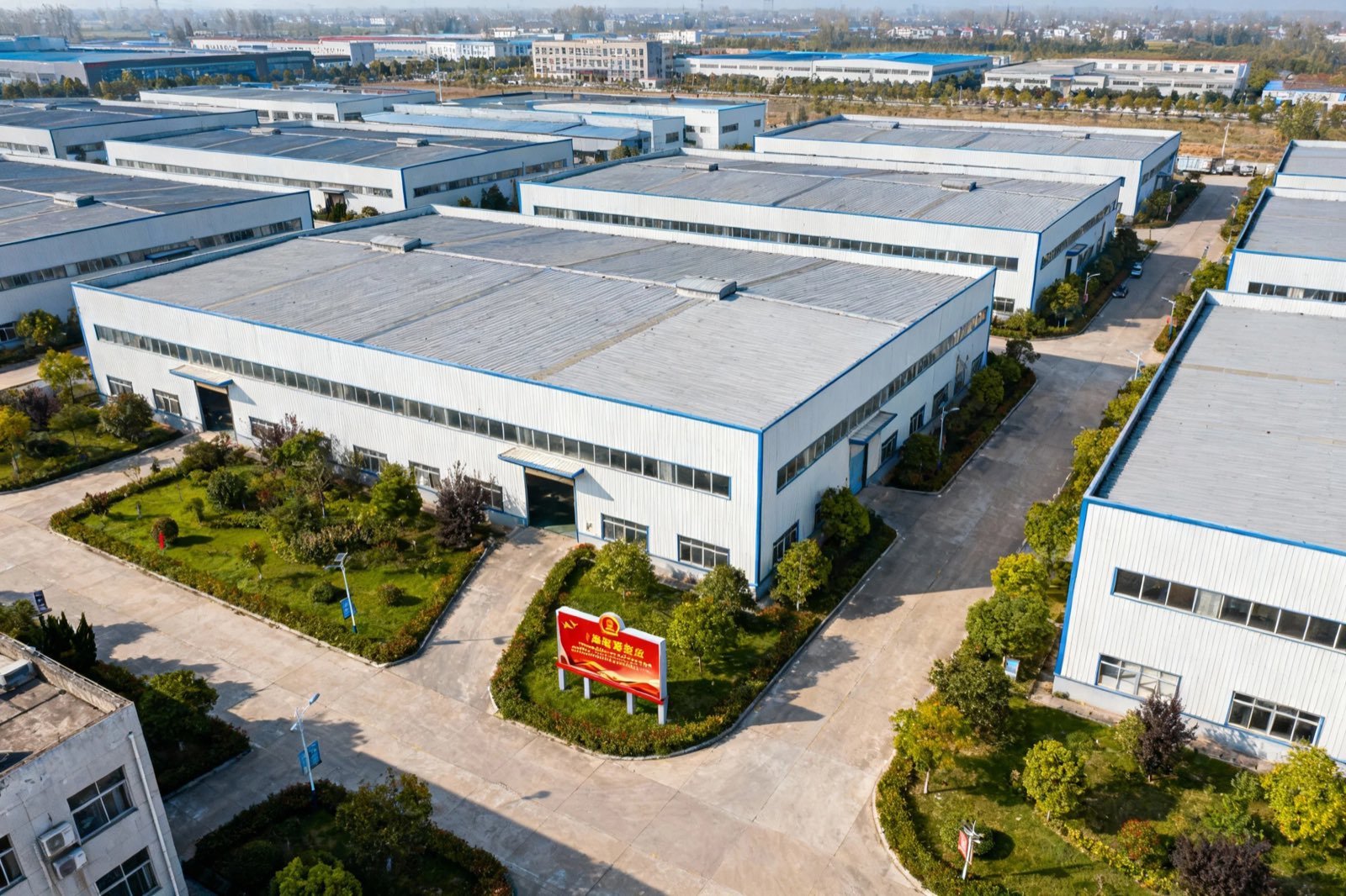 Aerial exterior view of the HARDWORKING factory site