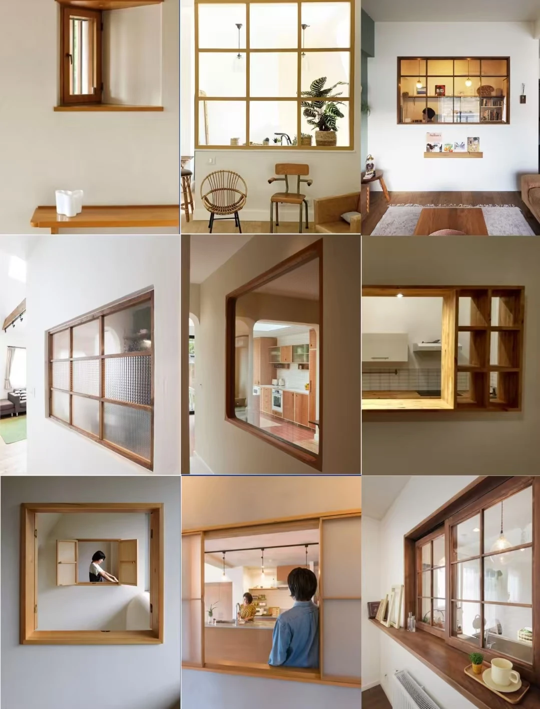 Nine-image reference collage showing wood-tone interior windows, glazed room dividers and kitchen pass-through openings