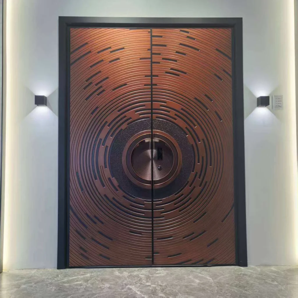 Double entry doors with curved inset panel detailing