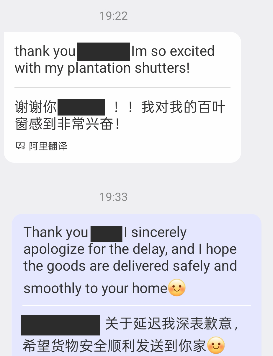 Anonymized customer and sales messages about the plantation shutter order