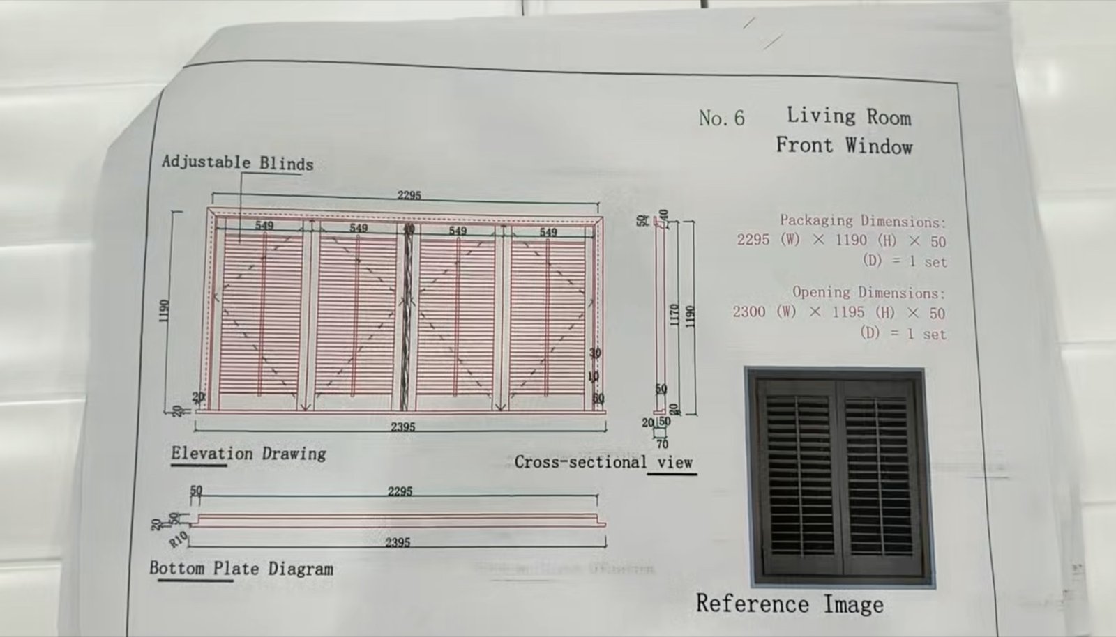 Drawing No. 6 for a living room front window, showing four shutter panels, sections and dimension labels